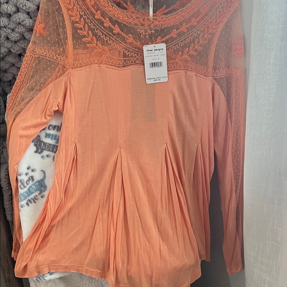 Free People Peach Embroidered Mesh Yoke Long Sleeve Top